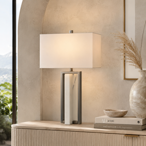 High End Marble <b>Table</b> <b>Lamp</b> With Architectural Open Frame <b>Base</b> Premium Fabric Shade And Modern Designer Elegance - Product Image 1