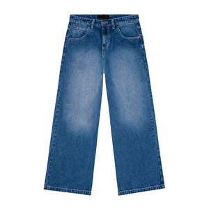Jean délavé coupe large pour homme, taille haute, coupe ample, grande taille, décontracté, en denim de coton bleu, fermeture boutonnée, couleur unie - Product Image 5