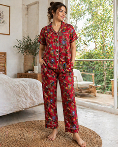 Red Floral Hand Block Print Pajama Set Women Short Sleeve Shirt Long <b>Pants</b> Casual Nightwear Handmade Cotton Sleepwear Loungewear - Product Image 5