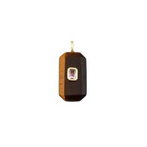 Breloque en œil de tigre facetté en forme de coussin avec accent en quartz tourmaline rose rectangulaire et zircon cubique, connecteur de bijoux plaqué or - Product Image 2