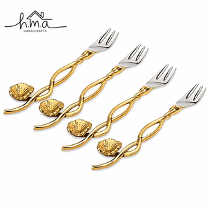 Decorative Brass Salad <b>Serving</b> <b>Spoon</b> Set Dual Tone <b>Gold</b> and Copper Finish Round and Split Leaf Shaped Bowls Branch Style Handles - Product Image 2