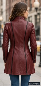 <b>Womens</b> Genuine Sheepskin Leather Mid Length <b>Coat</b> Stand Collar Contrast Piping Zipper - Product Image 4