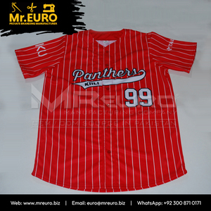 Maillot de baseball personnalisé Panthers unisexe, rayé rouge, manches courtes, col en V, fermeture boutonnée, 100% polyester, séchage rapide, sublimation pour équipe - Product Image 3