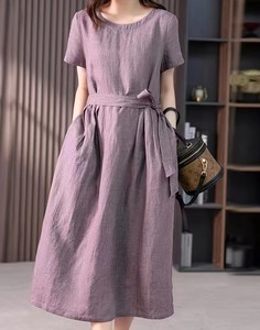 Robe longue en lin à col rond et manches courtes, coupe ample, couleur unie, respirante, décontractée, pour femme, idéale pour l'été - Product Image 1