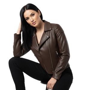 Chaqueta de Motociclista de Cuero Marrón Oscuro Personalizada para Mujer, Chaqueta de Cuero Genuino Estilo Motero al por Mayor, Fabricante OEM, Cantidad al por Mayor - Product Image 1