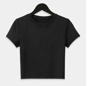 T-shirt court à col rond noir uni pour femme, manches courtes, tricoté, décontracté, coupe classique, toutes saisons, idéal pour la gym - Product Image 1
