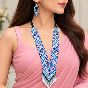 Conjunto de Collar y Aretes con Cuentas de Perlas Geométricas Étnicas, en Azul, Rosa y Negro, Joyería Elegante para Mujer, Ideal para Bodas - Product Image 1