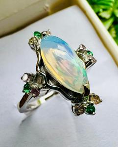 TASBIYA GEMS Vintage <b>Opal</b> Gemstone <b>Ring</b> 925 <b>Silver</b> Rhodium Plated Minimalist Prong Setting Flower Shape Women's Engagement - Product Image 2