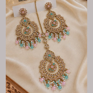 Pendientes colgantes JeweleMarket chapados en oro con cuentas de cristal y Maang Tikka para fiestas, compromisos y aniversarios - Estilo étnico - Product Image 3