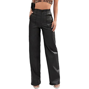 Women Genuine Leather Pants High Waist Regular Fit Stretch Faux Leather Straight Trousers Casual Streetwear Windproof - Product Image 1
