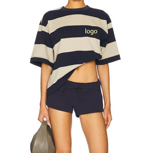 Oversized <b>Striped</b> Crop <b>T</b>-<b>Shirt</b> With Logo Front Short Sleeve Casual Jersey <b>Men's</b> Top - Product Image 1