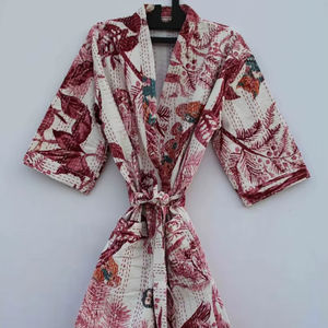 Bata Kimono con Estampado de Dibujos Animados para Mujer, Suave y Transpirable, 100% Algodón, Camisón de Verano Hecho a Mano, Cuello en V, Cintura Elástica, Largo Completo - Product Image 1