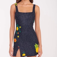 Gaun Mini Buatan Tangan Bordir Manik-manik Pola Buah Bohemian Wanita Tali Spaghetti Tanpa Lengan Hitam Bodycon Pesta Payet