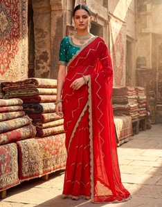 KV Embroidered Bollywood Georgette Designer Saree With Unstitched <b>Blouse</b> (<b>Red</b>) - Product Image 6