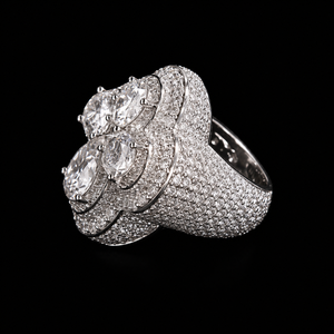 Nouvelle bague de luxe pour femme en forme de fleur, style hip-hop, avec moissanite taille poire, sertie pavé, en or blanc 14K, monture à griffes, bijoux de mariage - Product Image 4
