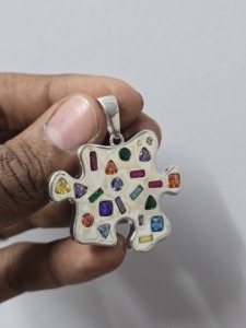 <b>Puzzle</b> Shape 925 Silver Gold Plated Pendant with Multicolor Gemstones Bezel Set Trendy Unisex Charm Everyday Wear - Product Image 1
