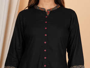 Kurta negra de rayón con estampado en zigzag para mujer, corte en A, con dupatta a juego, largo hasta la pantorrilla, cuello mandarín, mangas tres cuartos, ropa étnica. - Product Image 3