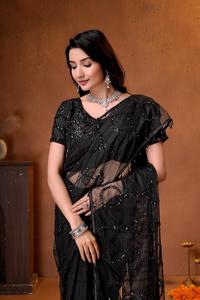 Sari indien ethnique de créateur pour mariage, avec broderie en résille épaisse et travail de sequins, tendance pour femme - Product Image 3