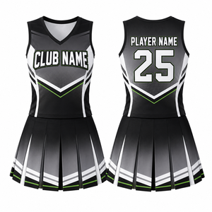 Ensemble d'uniformes de cheerleading personnalisés pour adultes en polyester, noir, blanc, vert, haut sans manches, jupe plissée, impression par sublimation, nom du club - Product Image 1