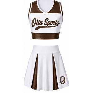 Ensemble d'uniforme de cheerleading sublimé blanc et marron sans manches, haut et jupe pour équipe sportive, tenue de sport pour entraînement, performance et compétition - Product Image 1