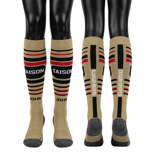 Premium 320 GSM Cotton Polyester Spandex Flag Football <b>Socks</b> Beige Black Red Striped Custom Knit Logo - Product Image 1