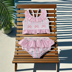 Conjunto de traje de baño con bordado de lazo rosa de dos piezas bonito y cómodo para niñas vestido elegante de día de playa o piscina para niñas - Product Image 5