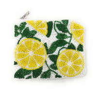 Dompet Koin Berhias Lemon Buatan Tangan Desain Buah Citrus Kantong Bordir Buah Putih Kuning Ritsleting Lembut Tas Musim Panas Besar Tahan Lama
