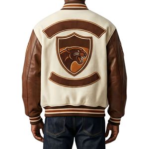 Wool Blend Breathable Brown Cream Letterman Jackets U Patch Tiger Embroidery Retro College Style Baseball Varsity Jackets - Product Image 2