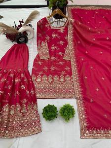 Designer Embroidery Sequence Work <b>Shimmer</b> Silk <b>Top</b> With Sharara Bottom And Dupatta Fully Stitched Ready To Wear Set - Product Image 2