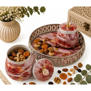 Plateau de service décoratif moderne en fer avec impression Pichwai, 2 pots de rangement, thème fruits, cadeaux personnalisés pour Diwali et mariage - Product Image 6