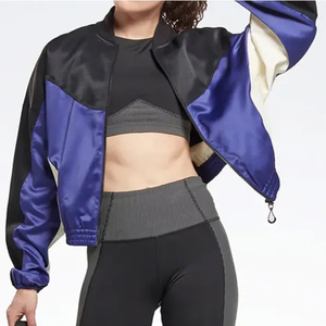 Unisex Color Blocking Bomber <b>Jacket</b> Stand Collar Batwing <b>Sleeve</b> Zipper Closure Windproof Sporty Style Autumn Season <b>Short</b> Length - Product Image 2