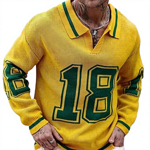 AL SWANS INTERNATIONAL T-shirt homme jaune-vert en maille polyester/coton anti-plis vintage col en V manches longues numéro 18 - Product Image 2