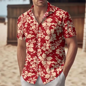 Chemise hawaïenne rouge à fleurs pour homme, manches courtes, col rabattu, chemise de vacances, vêtements d'été - Product Image 1