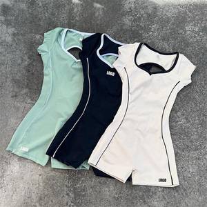 Women's Private Label High-Performance <b>Short</b> Sleeve Fitness Romper with <b>White</b> Piping | Custom HDEX Logo Gym Bodysuit Activewear - Product Image 1