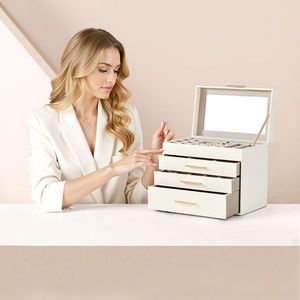 Scatola Portagioie Deluxe a 2 Cassetti in Velluto Bianco e Rosa con Coperchio Trasparente, Organizzatore per Gioielli Stampato - Product Image 6