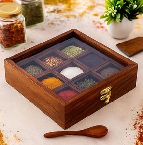 Boîte à épices en bois avec couvercle en acrylique, mini-cuillère carrée, 9 compartiments carrés amovibles, manuel d'utilisation - Product Image 3