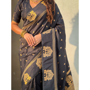 Traditional Zari Woven Saree Black Soft Silk <b>Indian</b> & <b>Pakistani</b> <b>Clothing</b> - Product Image 2