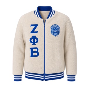 เสื้อแจ็คเก็ตบอมเบอร์ Zeta Phi Beta สำหรับผู้หญิง ระบายอากาศได้ดี ตกแต่งด้วยผ้าฟลีซสีน้ำเงินรอยัล แต่งขอบลายทางสีขาว ผ้าเชนิลล์ลายกรีก - Product Image 1