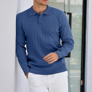 Pull en maille à manches longues pour homme, couleur unie bleu, fermeture boutonnée, pull décontracté pour le printemps - Product Image 3