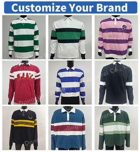 Polo en coton tricoté personnalisé avec logo pour homme, style streetwear, manches longues, rayé, boutonné, coupe courte, style rugby. - Product Image 2