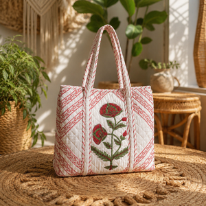 Hermosa Bolsa Grande de Algodón Acolchado con Estampado Floral Rojo Hecho a Mano en Jaipur para Mujeres y Compradoras de Boutiques - Product Image 4