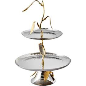 Luxuries 2 Tier Hammered Stainless Steel <b>Cake</b> <b>Stand</b> With Gold Leaf Accents Elegant Dessert Server For Parties & Home Decor - Product Image 1