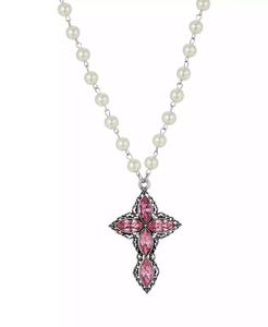 Collana da donna con perle finte a forma di croce e pietre a forma di diamante in cristallo rosa peltro |   2028 - Product Image 1