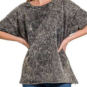 <b>Round</b> Neck Female Soft Breathable Women Acid Wash T-shirt Regular Fit Plain style Durable Loose Fitting Women Acid Wash T-shirt - Product Image 2