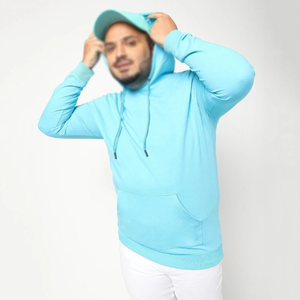 เสื้อฮู้ดดี้ผู้ชายสีฟ้าอ่อน แขนยาว มีเชือกผูก กระเป๋าจิงโจ้ ปลายแขนแบบริบ ผ้าฝ้ายฟลีซ 100% สวมใส่สบาย - Product Image 3