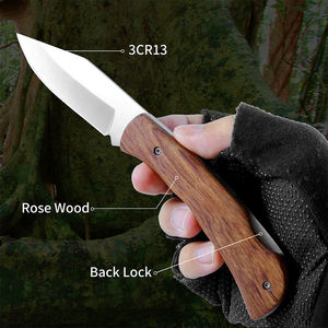 Wooden Handle Stainless Steel Folding Knife Straight <b>Back</b> 12 Cm Outdoor Camping Hunting Pocket Thumb Knob Opening OEM Custom - Product Image 4
