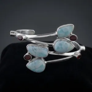 925 Sterling Silver Larimar Cuff Bracelet Natural Blue Larimar with Garnet Accents Handmade Statement Bangle Jewelry - Product Image 3