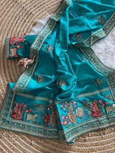 Reglance Royal Bloom Box Pallu Blooming Vichitra Silk <b>Saree</b> Moti Handwork Border <b>Satin</b> Banglory Embroidered Blouse Quick Dry - Product Image 3