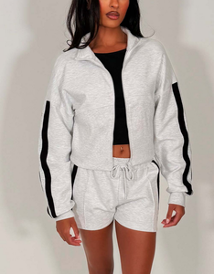 Women's Cotton/Poly Blank Full <b>Zip</b> Sweatshirt & Short Lounge Set OEM Design Pattern 320 Fleece Streetwear Jogging Tracksuit - Product Image 1