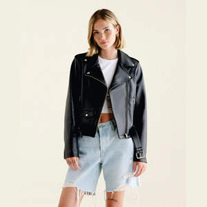 Women's Genuine <b>Leather</b> Moto <b>Jacket</b> Stand Collar Zipper Closure Full Sleeve Short Length Solid Color Biker Style Autumn Wear - Product Image 1